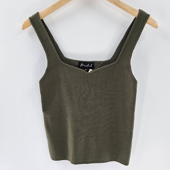 Marled Tops - Marled Olive Green Knit Cropped Sweetheart Neckline Tank Top Womens Size Medium